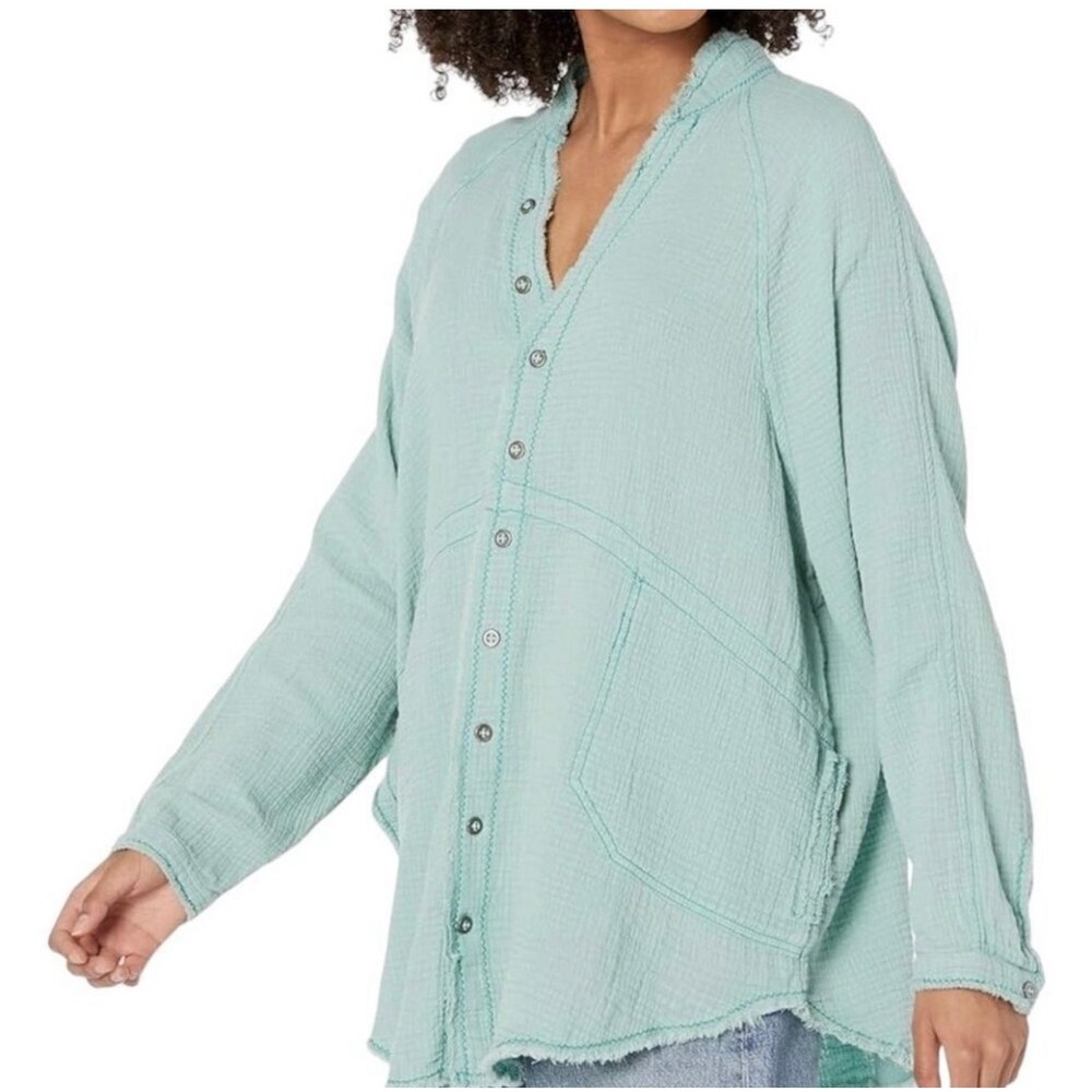 We The Free Free People Summer Daydream Button Down Shirt Sage Green XL Gauze